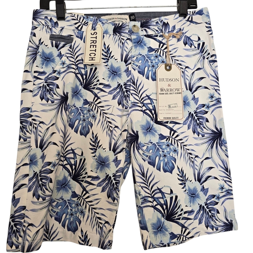 NWT Blue Floral Men's Flat Front Tropical Hibiscus Blue White Shorts